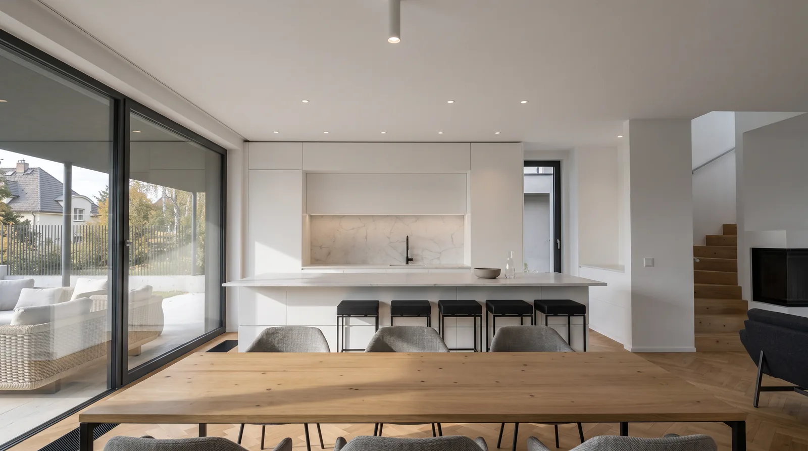 Haus SW2: Essbereich mit Küche und Terrassenblick