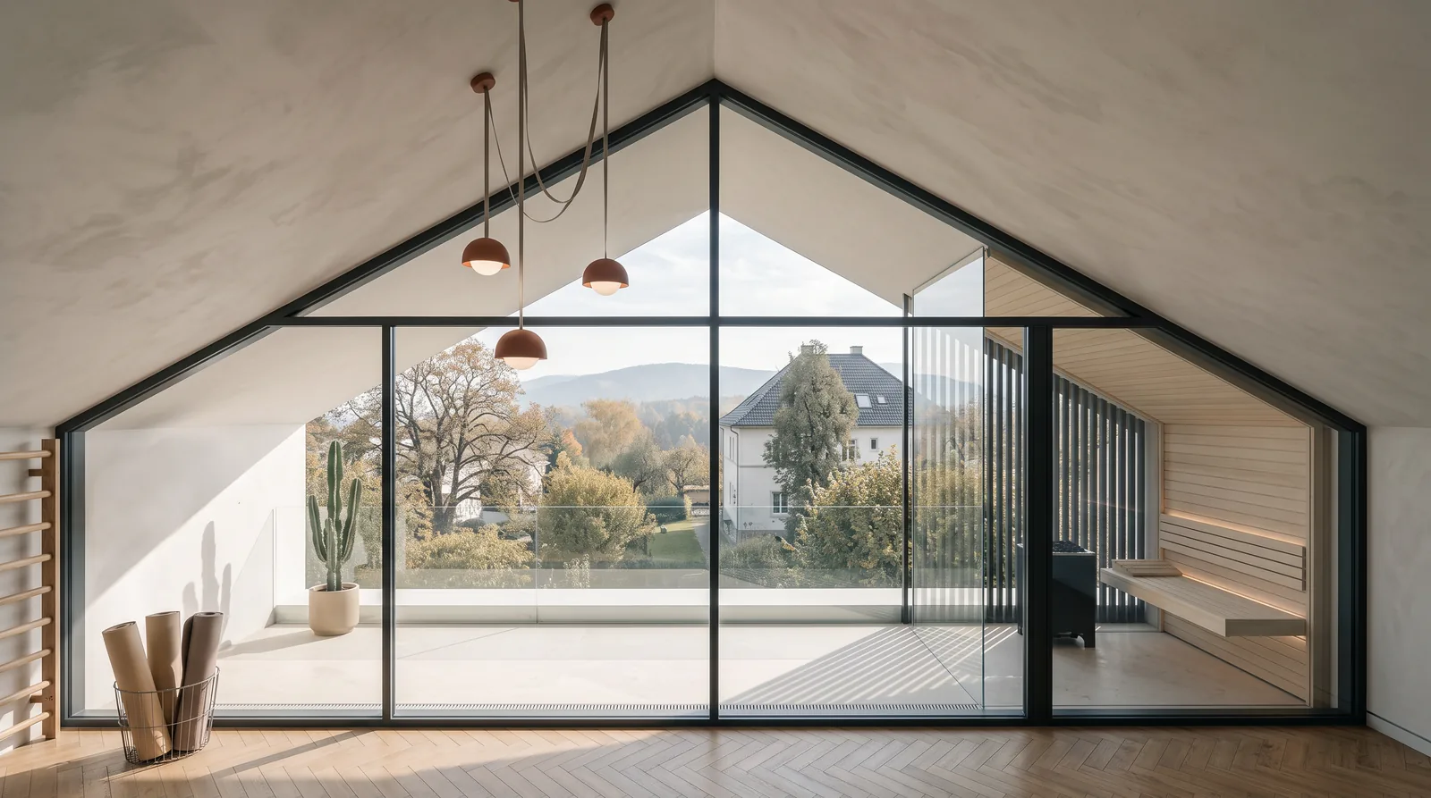 Haus SW2: Fitnessbereich mit Sauna unter dem Giebel